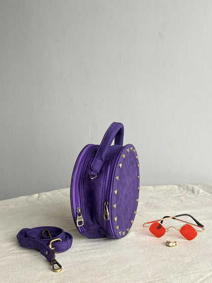 Purple studded drum bag - side view showing dual zippers