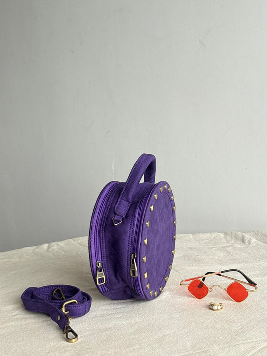 Purple studded drum bag - side view showing dual zippers