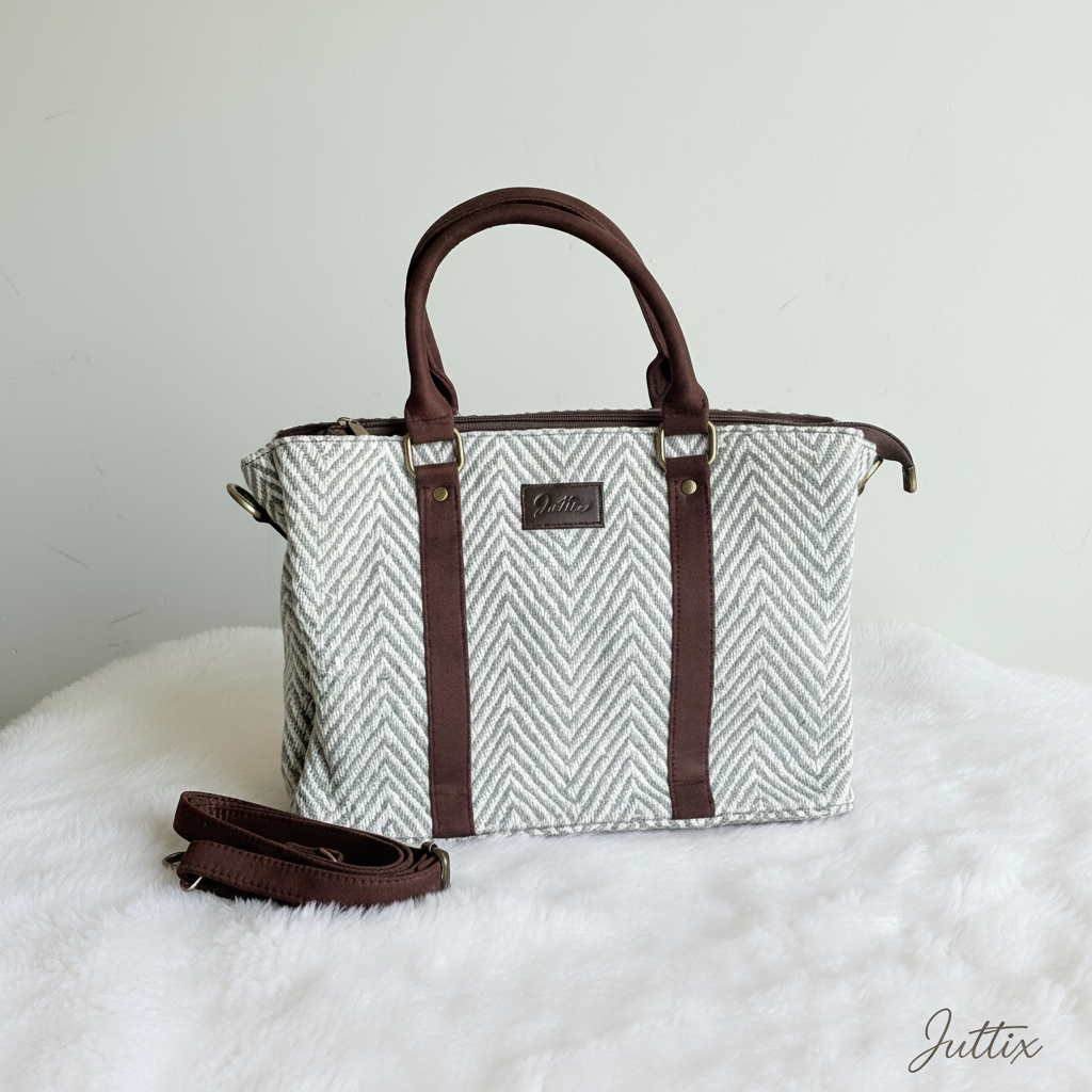 Geometric pattern handbag with brown leather handles and crossbody strap