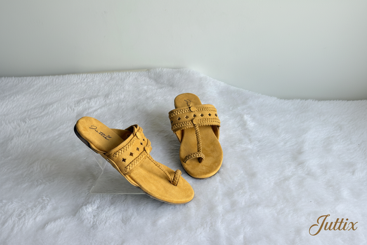 Yellow Kolhapuri sandals with Juttix branding