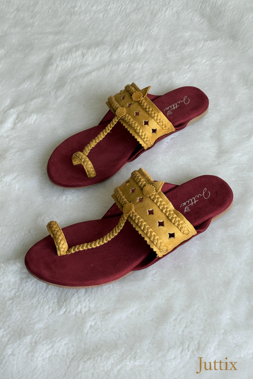 Juttix branded Kolhapuri footwear overhead view