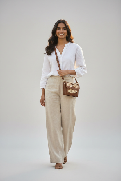 Lady with Artisan Woven Sling Bag – Simple Aesthetic