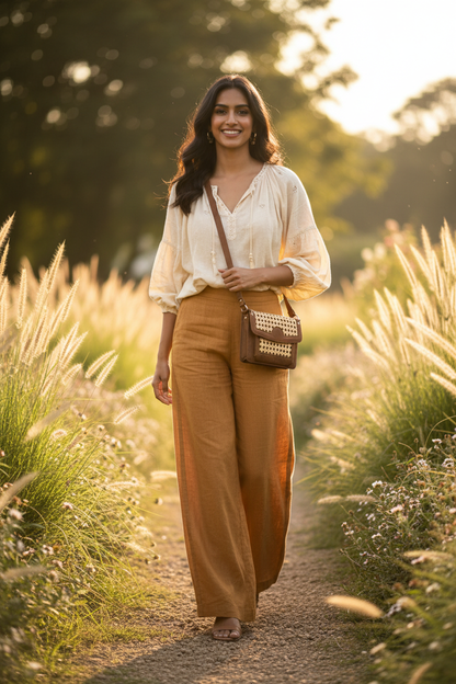 Photorealistic lady with Artisan Woven Sling Bag