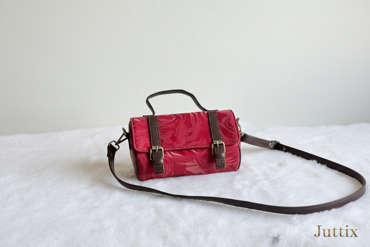 Red handbag with Juttix brand signature